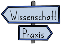 Gezeichneter Wegweiser mit zwei Pfeilen. Der obere Pfeil zeigt nach links mit der Aufschrift "Wissenschaft" und der untere nach rechts mit der Aufschrift "Praxis".