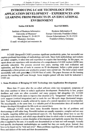 Introduction I-CASE-Technology into Application Development - Experiences and Learning from Projects in an Educational Environment